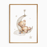 Watercolour nursery print of a sleeping brown teddy bear on a grey crescent moon, with a cloud and hanging stars.