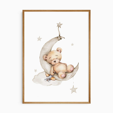 Watercolour nursery print of a sleeping brown teddy bear on a grey crescent moon, with a cloud and hanging stars.