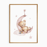 Sleeping tan teddy bear on a dusty pink crescent moon, with a small toy aeroplane, a pink cloud and hanging stars.