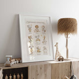 Sleepy animal nursery decor with soft watercolour characters, stars and moon for a calm neutral baby room.