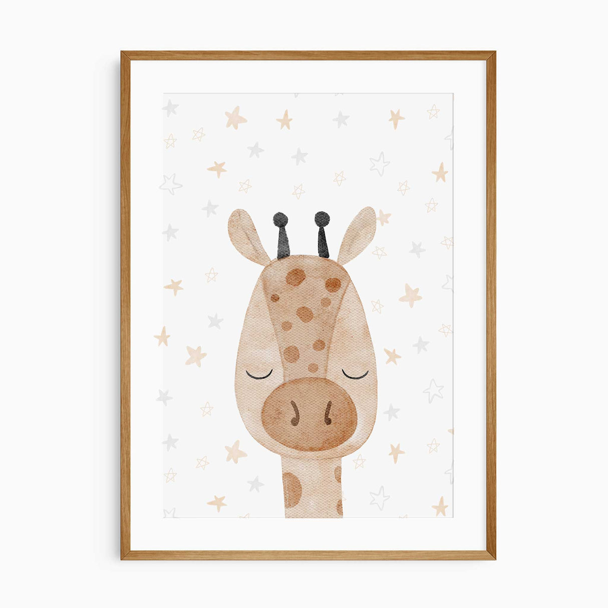 Sleepy giraffe nursery wall art in soft neutral colours