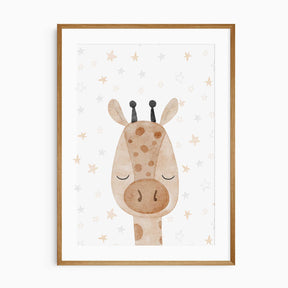 Sleepy giraffe nursery wall art in soft neutral colours