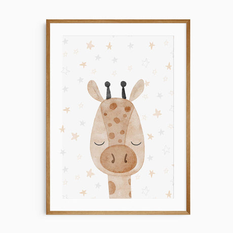 Sleepy giraffe nursery wall art in soft neutral colours