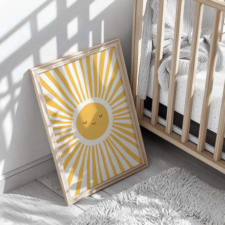 Smiling yellow sun print with closed eyes and alternating golden rays and light spaces radiating from the face.