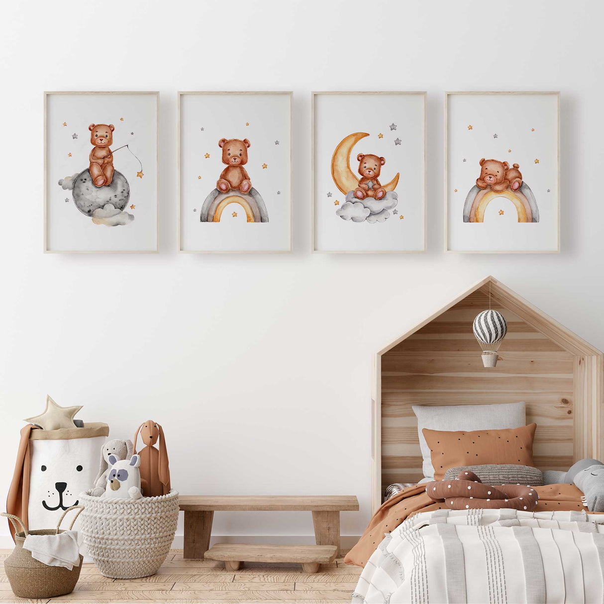 Sleepy teddy bear resting on a rainbow nursery print with stars