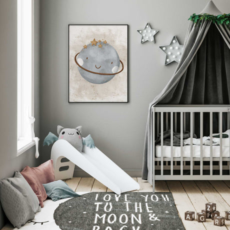 Space nursery wall art print featuring a smiling planet with a ring and star crown in soft neutral grey blue tones