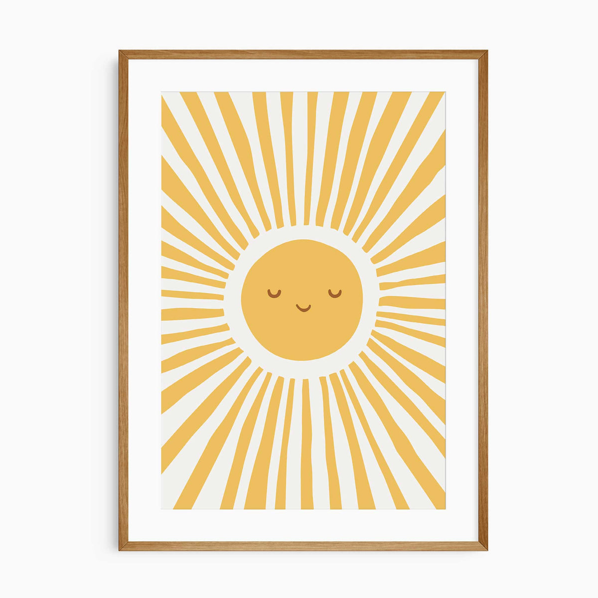 Smiling sun nursery print with a golden yellow face, closed eyes and long radiating rays against a light background.