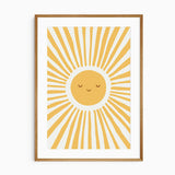 Smiling sun nursery print with a golden yellow face, closed eyes and long radiating rays against a light background.