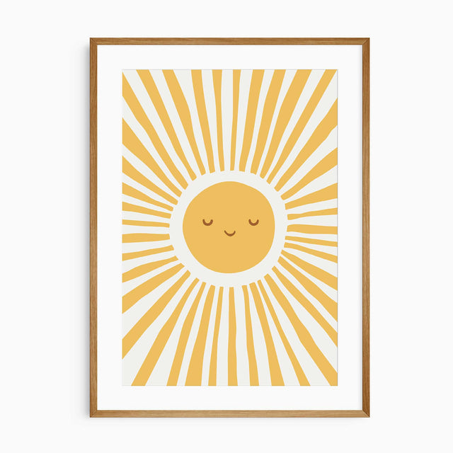 Smiling sun nursery print with a golden yellow face, closed eyes and long radiating rays against a light background.