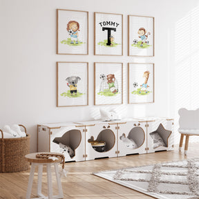 Set of 6 personalised soccer animal prints for boys room decor
