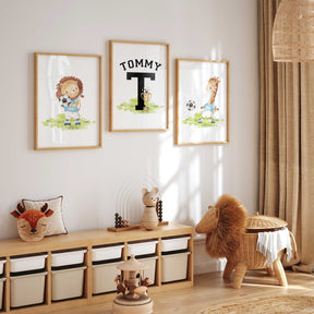 Watercolour lion playing soccer wall art for boys nursery or toddler bedroom