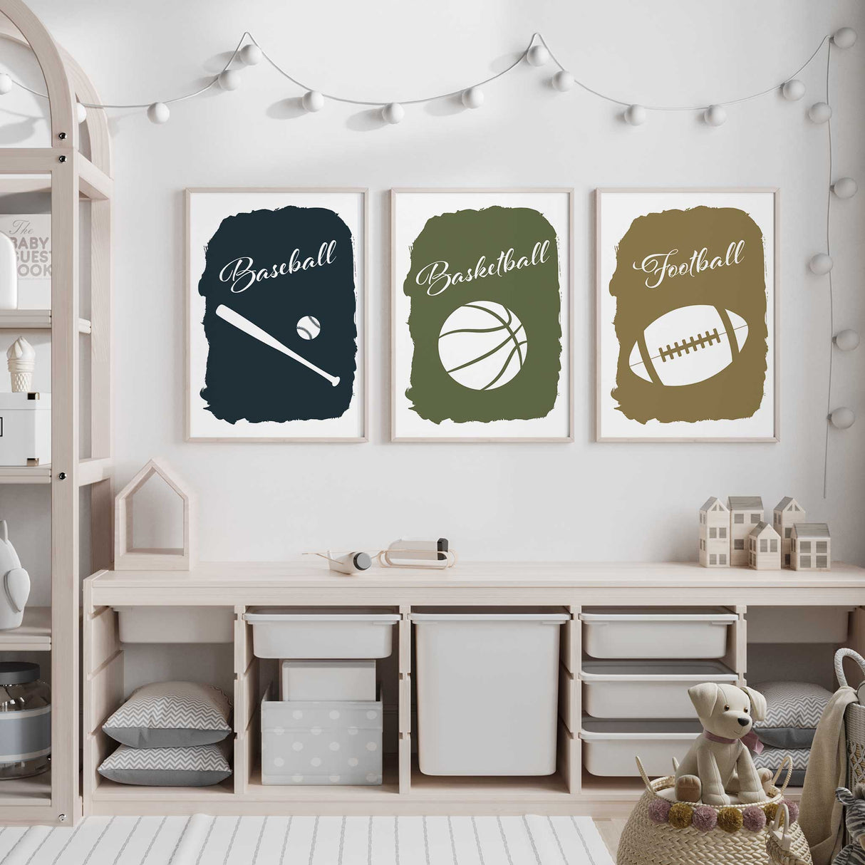 Basketball wall art and baseball prints for energetic and stylish boys room decor