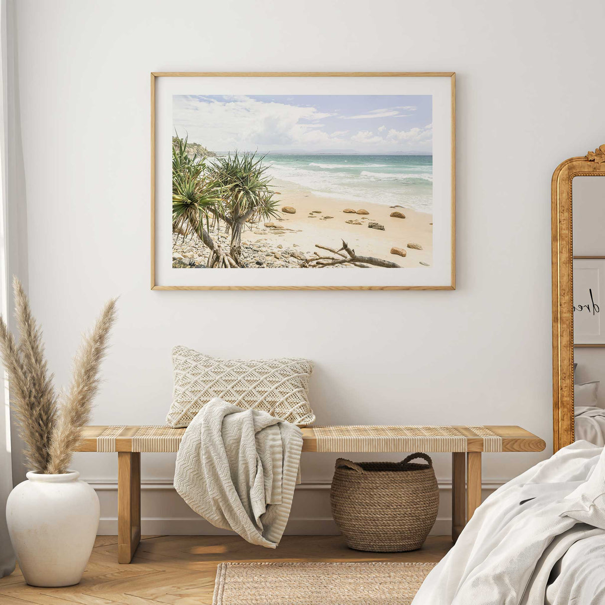Soft pastel beach wall art print featuring calm ocean and sandy shore