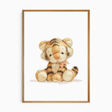 Baby tiger nursery print with golden brown stripes, rounded paws and a peach neck bow, illustrated in a soft toy style.