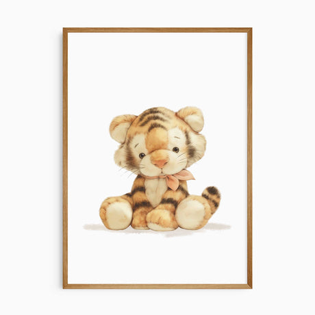 Baby tiger nursery print with golden brown stripes, rounded paws and a peach neck bow, illustrated in a soft toy style.