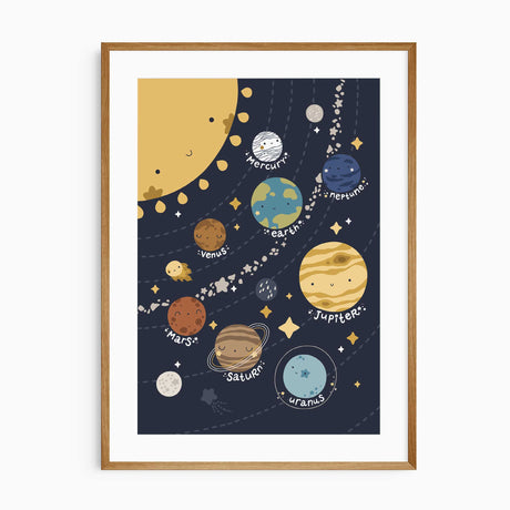 Solar system nursery print with smiling illustrated planets and a cheerful sun against a dark night sky background