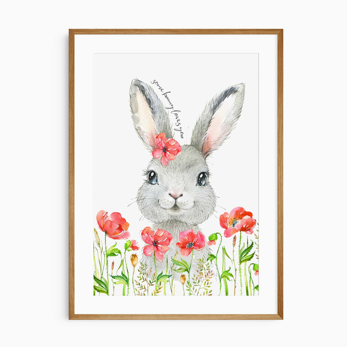 Grey bunny wall art with red flowers and “Some Bunny Loves You” text for nursery or kids room