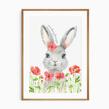Grey bunny wall art with red flowers and “Some Bunny Loves You” text for nursery or kids room
