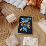 Space themed dinosaur nursery wall art with colourful cartoon dinosaurs