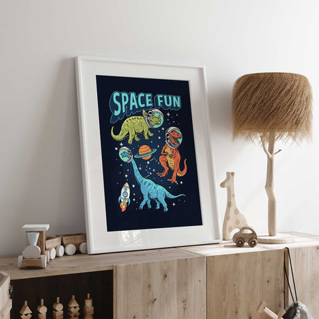 Boys bedroom dinosaur print with space theme and navy background with space fun text