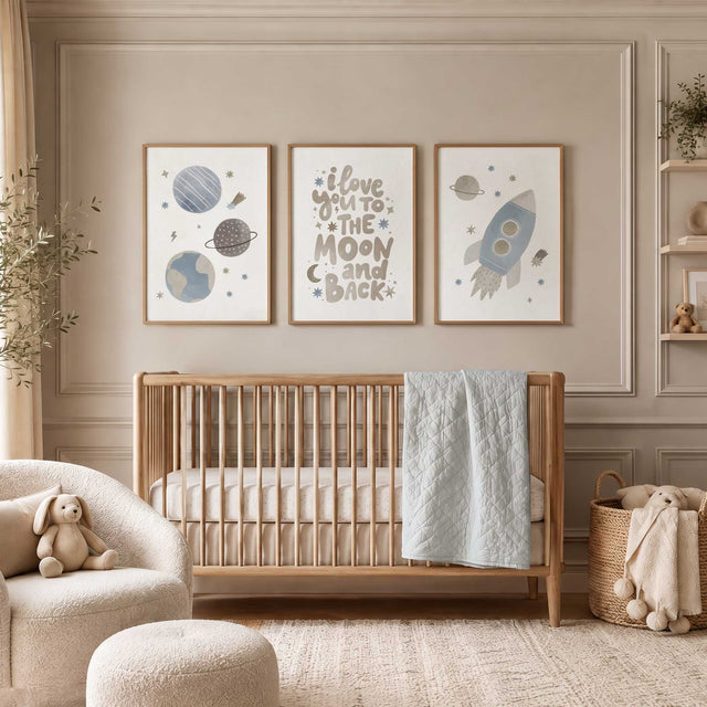 Space nursery wall art set of 3 featuring a rocket, planets and moon quote in soft blue and neutral tones for a baby boy nursery with the quote i love you to the moon and back