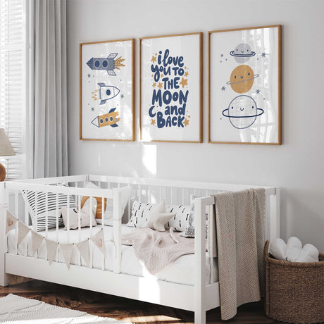 Space nursery wall art set of 3 with planets, rockets and moon quote prints