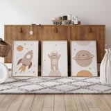 Set of 3 Boho Space Bear nursery prints, perfect for gender-neutral decor and space-themed adventures.