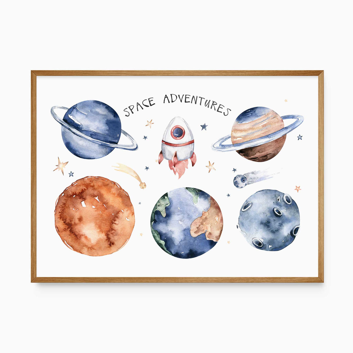 Watercolour space wall art for kids featuring colourful planets, stars and a rocket with Space Adventures lettering.