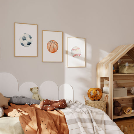 Sports ball prints for boys room with soft watercolour soccer basketball and baseball artwork