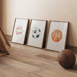 Sports ball wall art for boys featuring soccer baseball and basketball prints