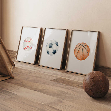 Sports ball wall art for boys featuring soccer baseball and basketball prints