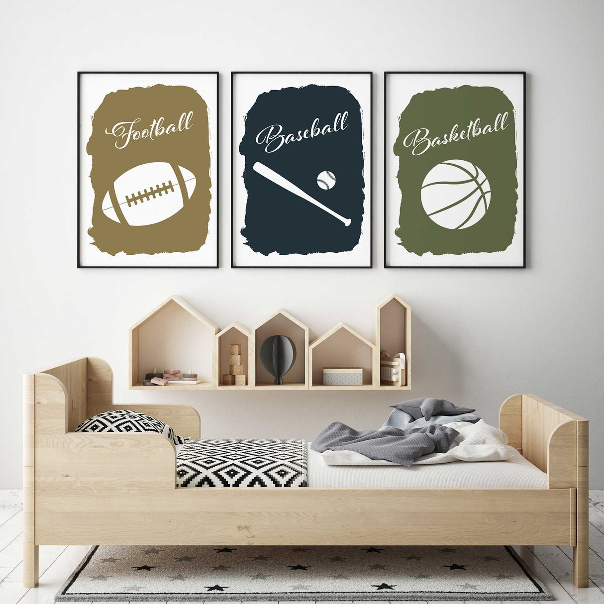 Sports themed wall art featuring football, basketball, soccer, and baseball for boys' room decor