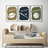 Sports themed wall art featuring football, basketball, soccer, and baseball for boys' room decor