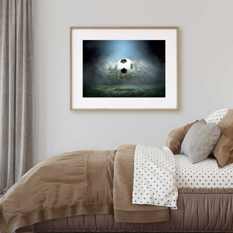 Football poster for kids' rooms with a powerful soccer ball design, perfect for sports fans and available in custom sizes."