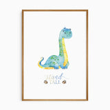 Blue and green long-neck dinosaur with a yellow tummy above Stand tall lettering and small footprints on white.