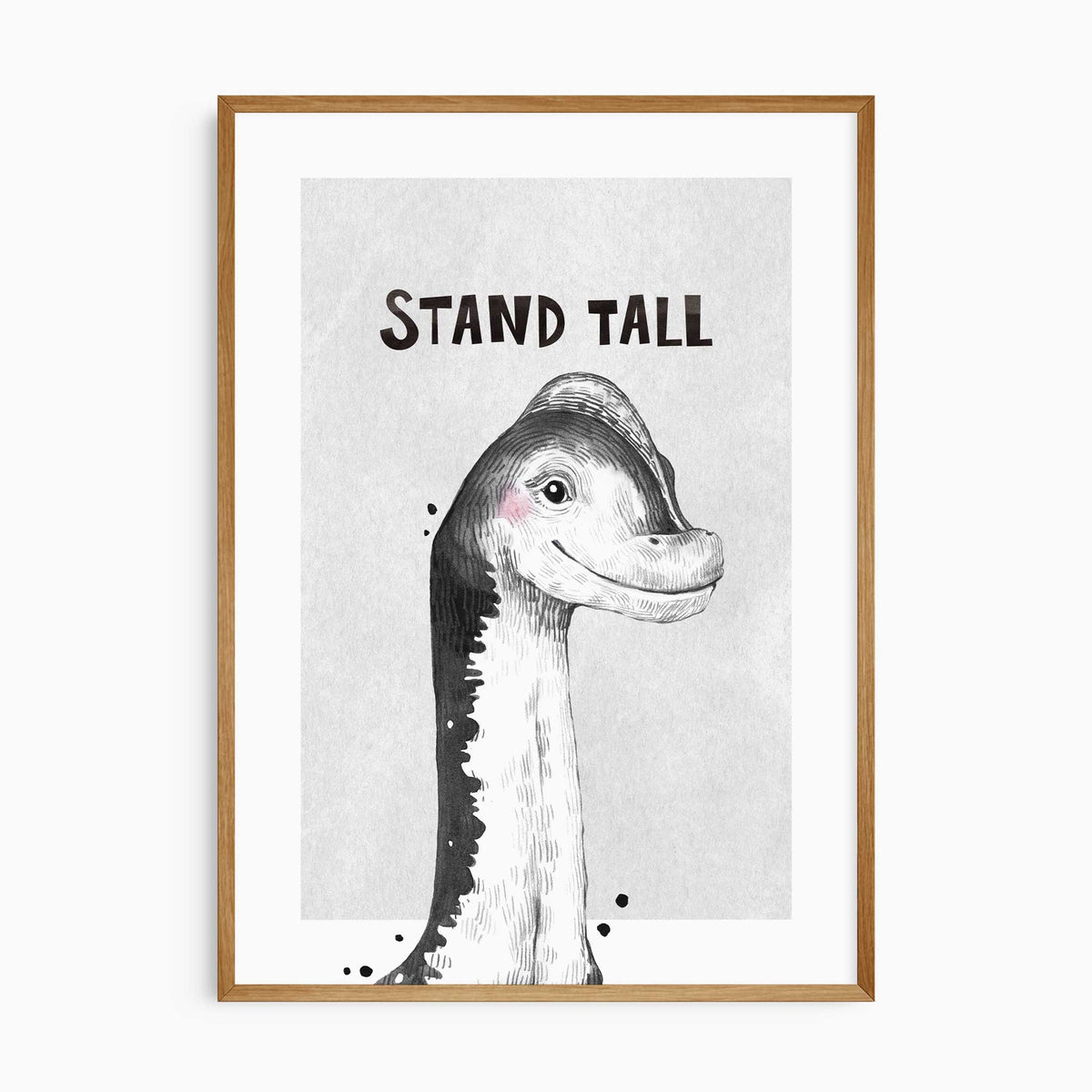 Black-and-white long-neck dinosaur illustration with Stand Tall written above the portrait.
