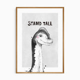 Black-and-white long-neck dinosaur illustration with Stand Tall written above the portrait.