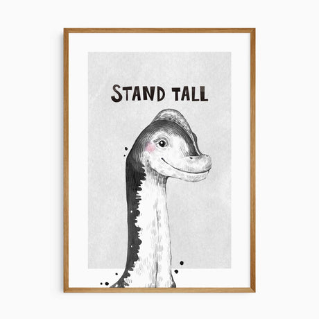 Black-and-white long-neck dinosaur illustration with Stand Tall written above the portrait.