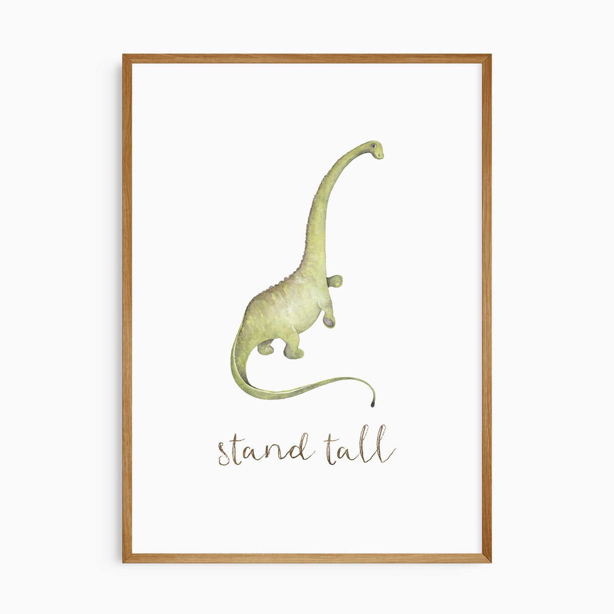 Green long-neck dinosaur leaning forward above the words Stand tall, illustrated in watercolour style on white.