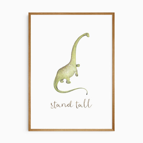 Green long-neck dinosaur leaning forward above the words Stand tall, illustrated in watercolour style on white.