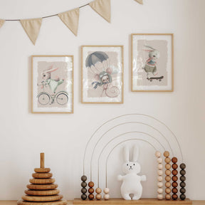 Storybook style animal nursery art with skateboarding bunny parachuting mouse and bicycle bunny