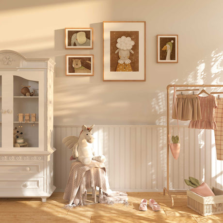 Storybook sheep nursery decor print with ochre dress