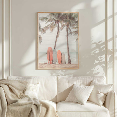 Relaxed island beach print with pastel surfboards and sky