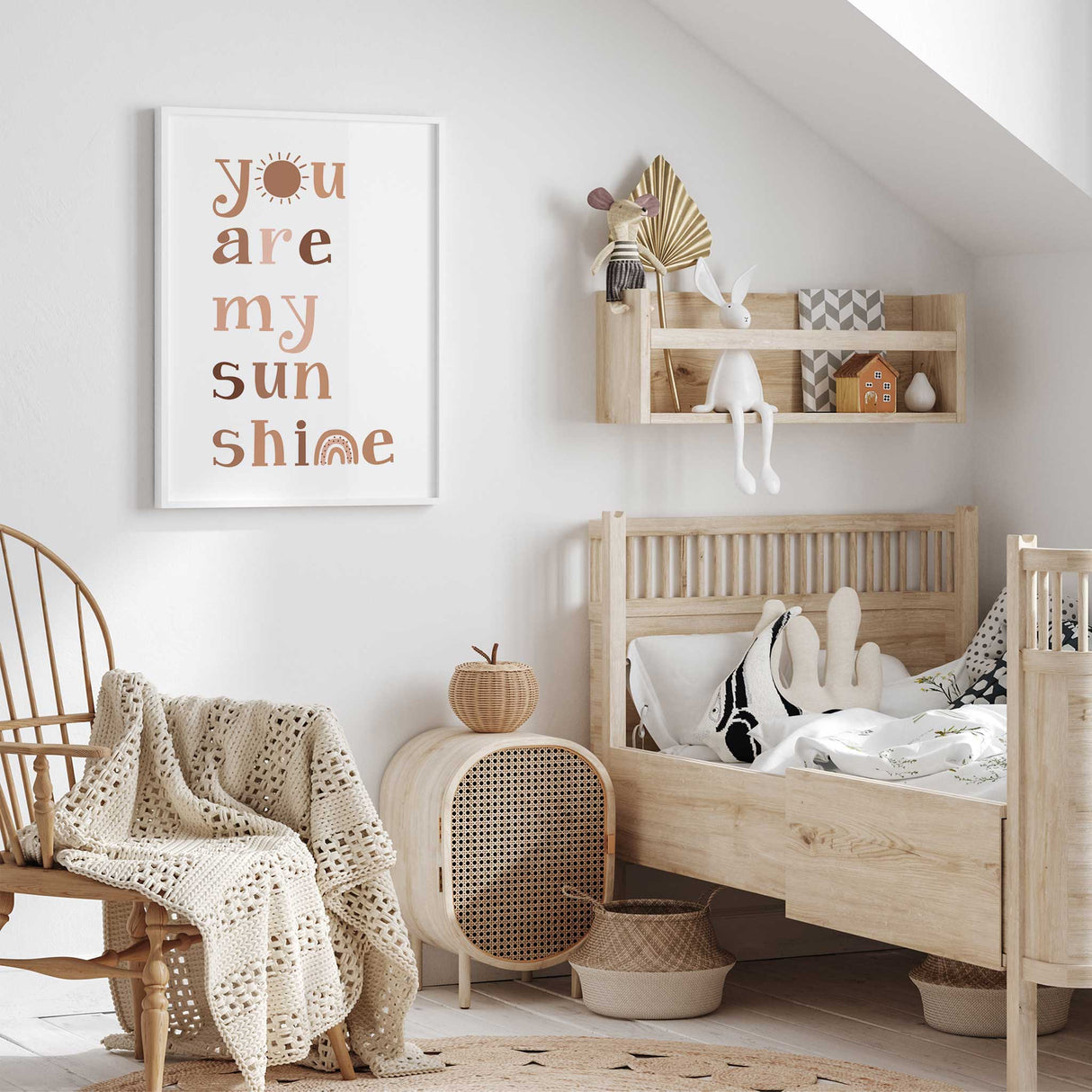 Sun and rainbow nursery print with You Are My Sunshine quote in warm earthy tones