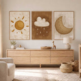 Set of three sun, cloud and moon wall art prints in beige, brown and golden tones for a gender neutral nursery.