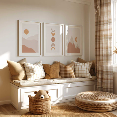 Three coordinating prints showing a sun above layered hills, vertical moon phases and mountains with a crescent moon.