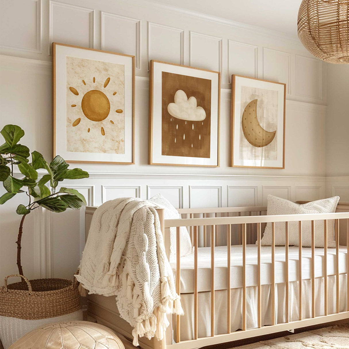 Boho nursery wall decor prints featuring calming sun, moon, and cloud designs in earthy tones.