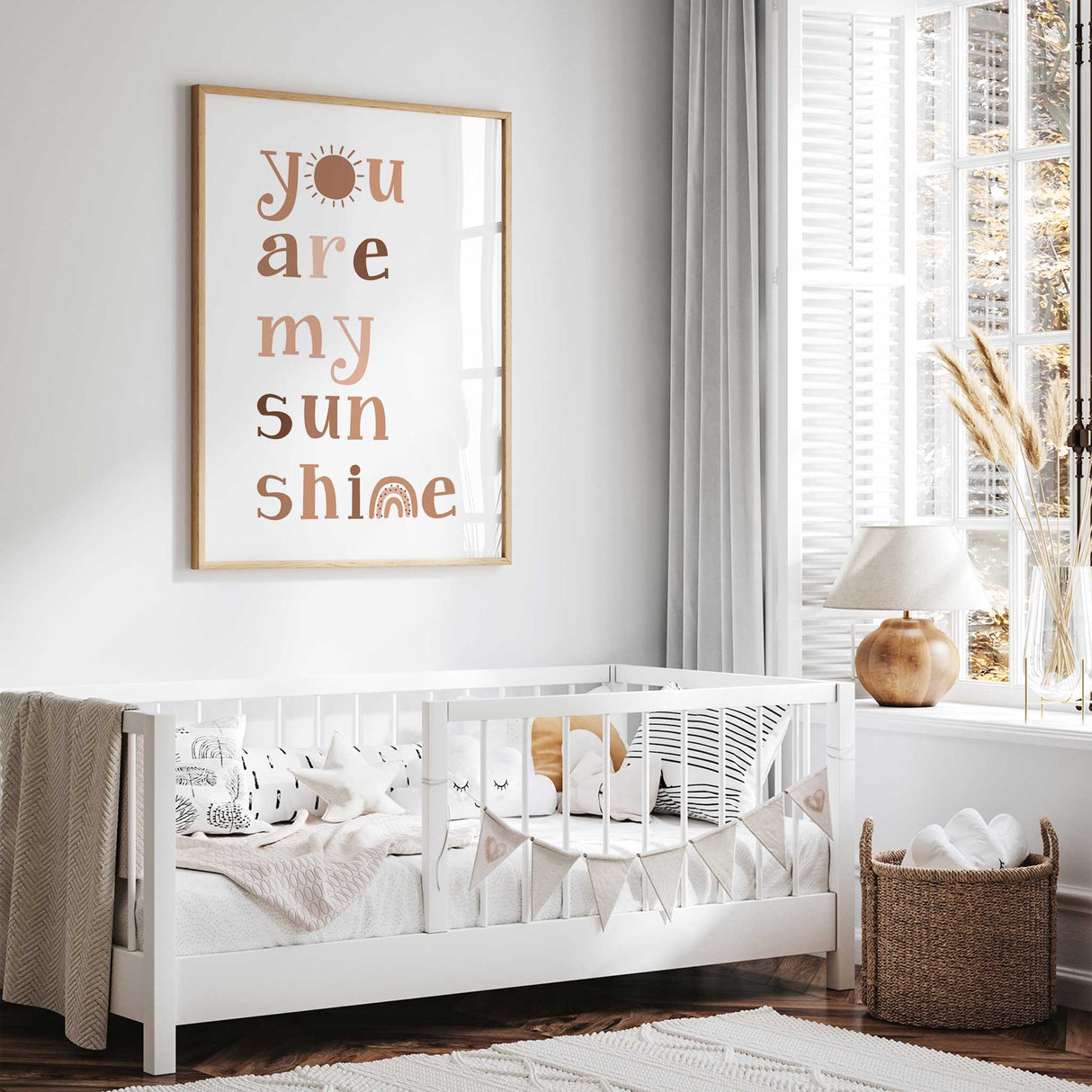 Sunshine baby room wall art print with soft neutral colours and sweet quote