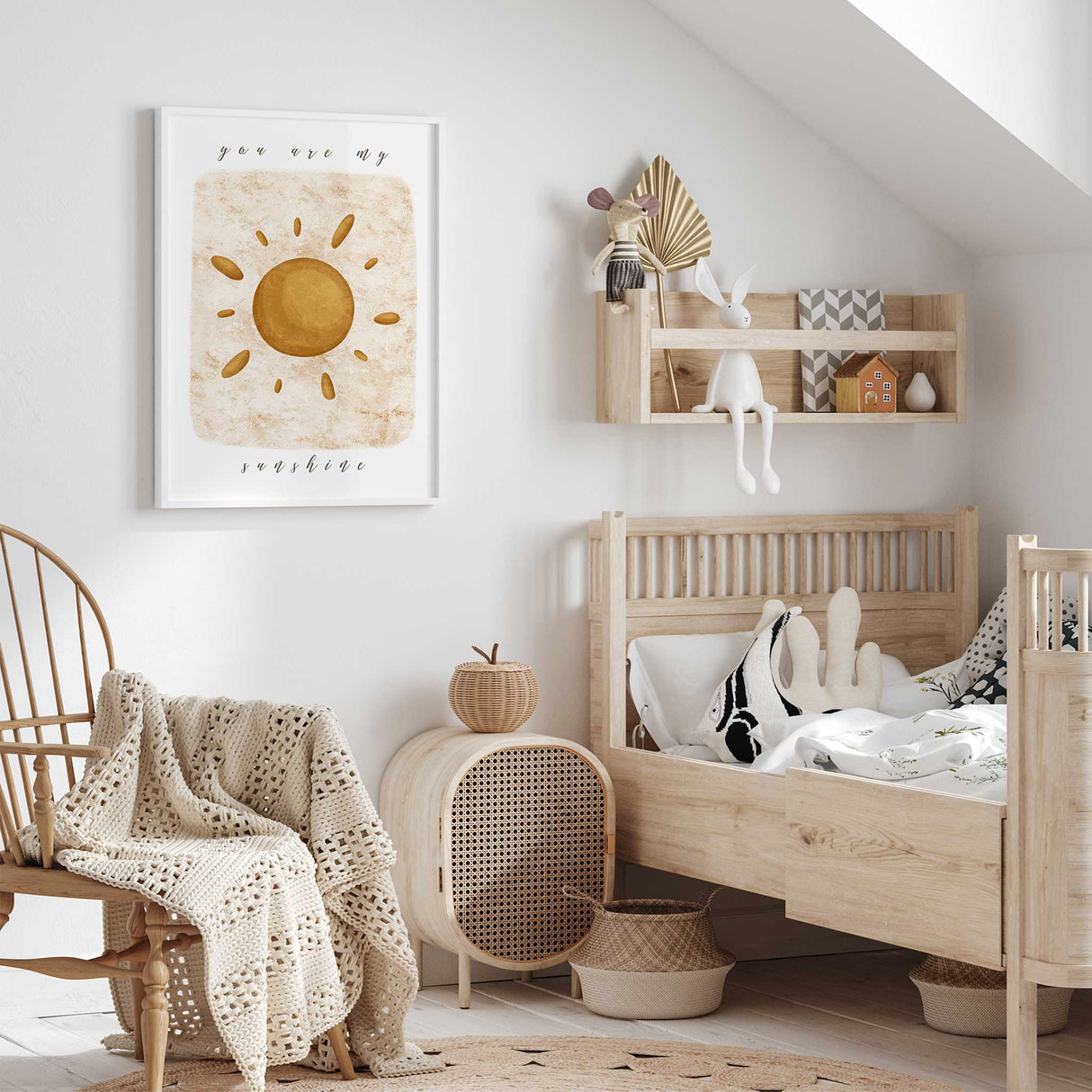 Neutral nursery sunshine print with textured sun illustration and soft background