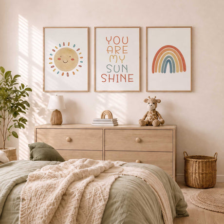 Kids wall art set of three with a smiling sunshine, multicoloured quote and rainbow on neutral background